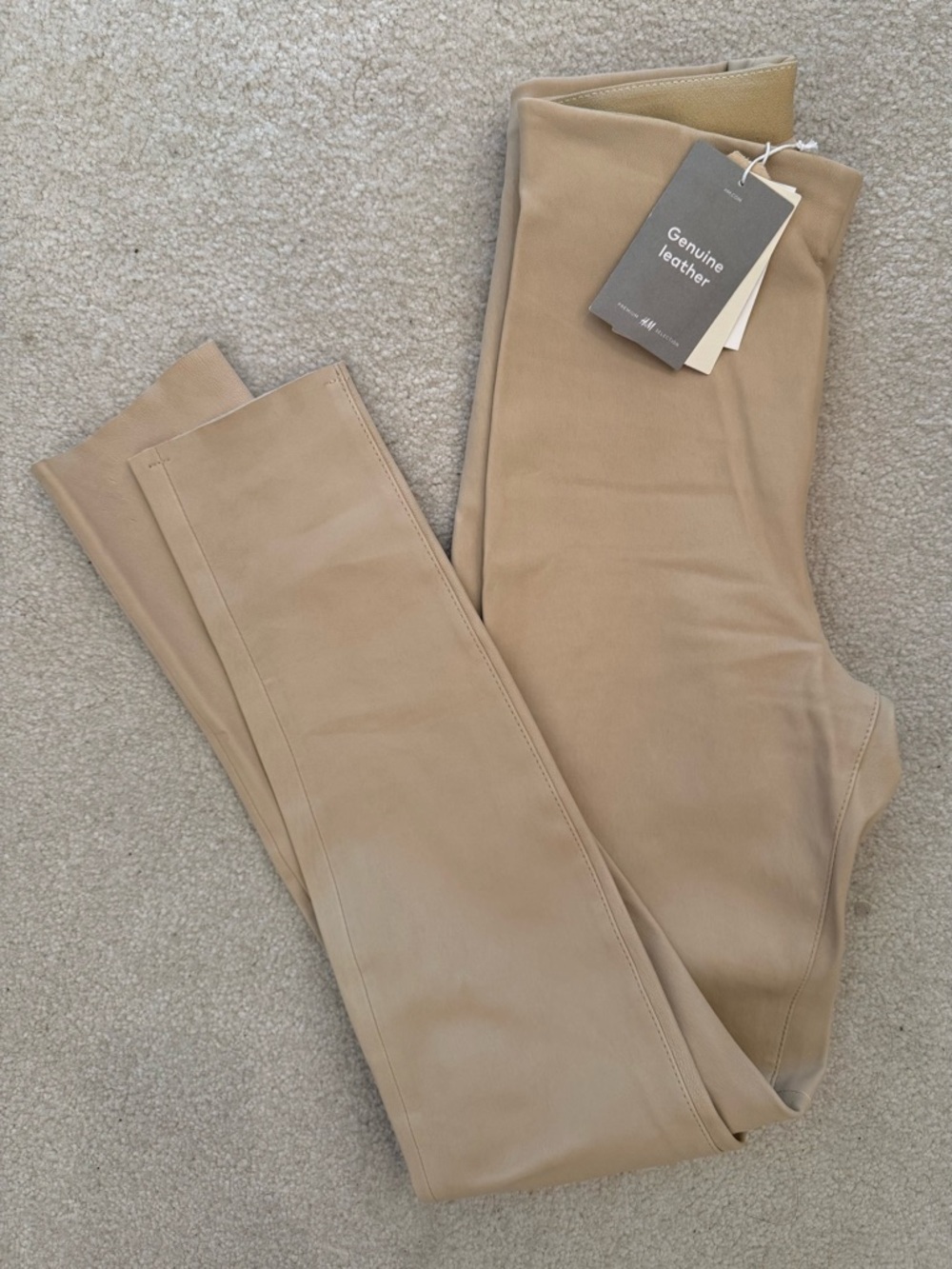 H&M Genuine Leather Skinny Pants in Beige